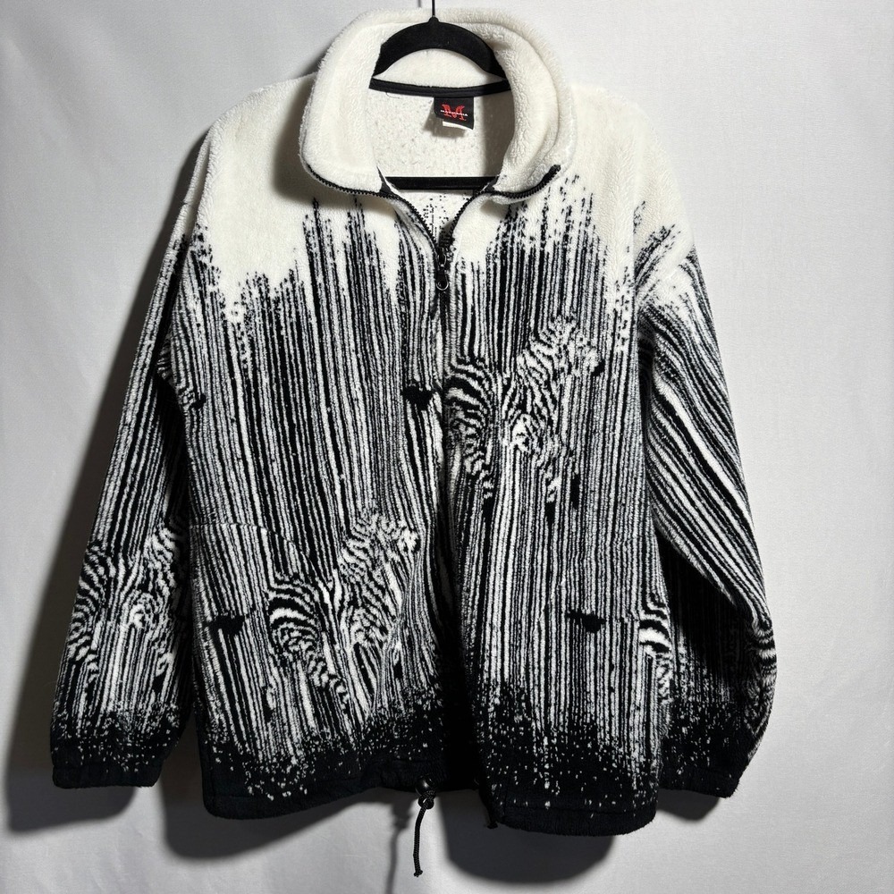 VTG Mazmania Zebra Print Fleece Jacket Full‎ Zip White Black 90s Art to Wear M